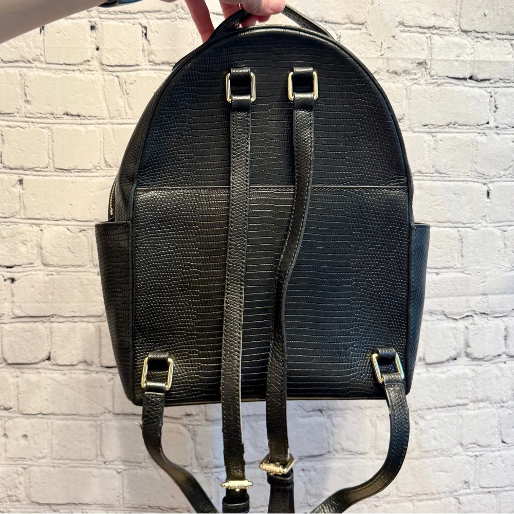 Henri Bendel Black Reptile Embossed Leather Backpack Structured Bag quiet luxury
